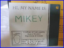 Vintage Original Jeff Fleming Solid Pine Wood Carving Mikey 12 H Certificate