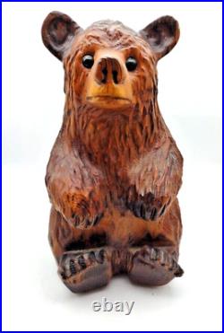 Vintage Solid Wood Carved Brown Bear Sitting Folk Art 15 Tall
