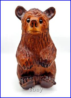 Vintage Solid Wood Carved Brown Bear Sitting Folk Art 15 Tall
