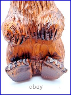 Vintage Solid Wood Carved Brown Bear Sitting Folk Art 15 Tall