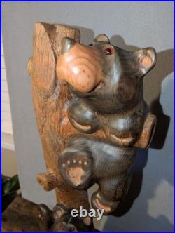 Vtg Big Sky Carvers Jeff Fleming Wood Carving Bear Totem 2 Cubs Sculpture 30