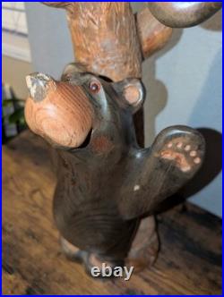 Vtg Big Sky Carvers Jeff Fleming Wood Carving Bear Totem 2 Cubs Sculpture 30