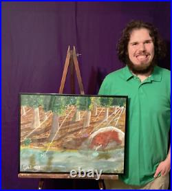 Where the River Gives Life Christian Bear Painting 18x24 Framed Signed OOAK COA