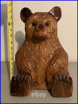 Wooden Hand Carved Sitting Bear 14.5 Solid Wood Nice